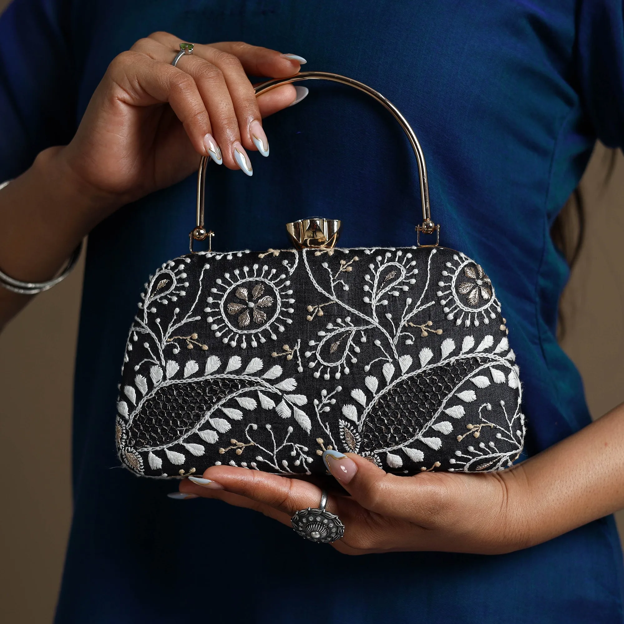 Black - Chikankari Hand Embroidery Tussar Silk Clutch / Sling Bag 01