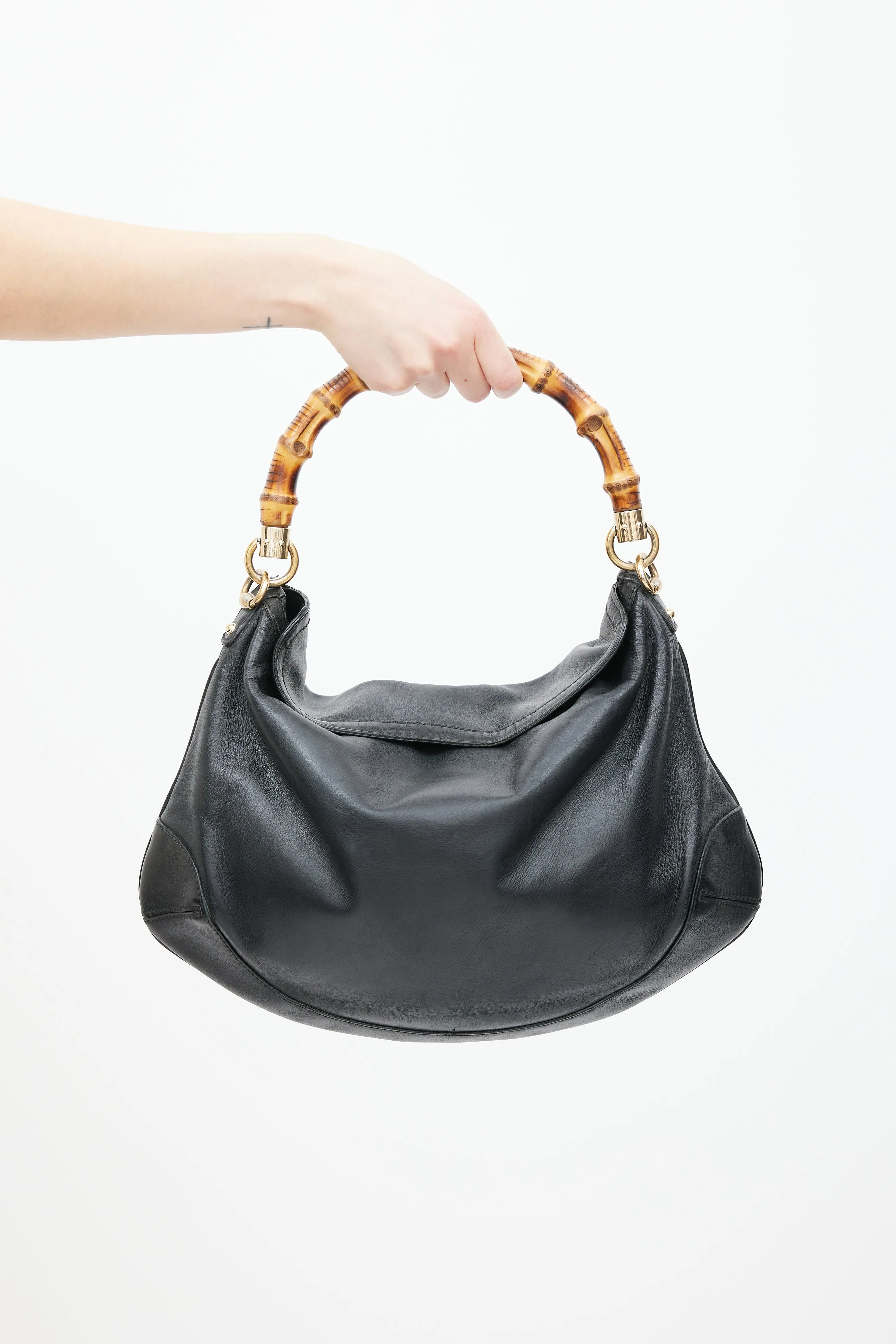 Black Leather Bamboo Two Way Bag
