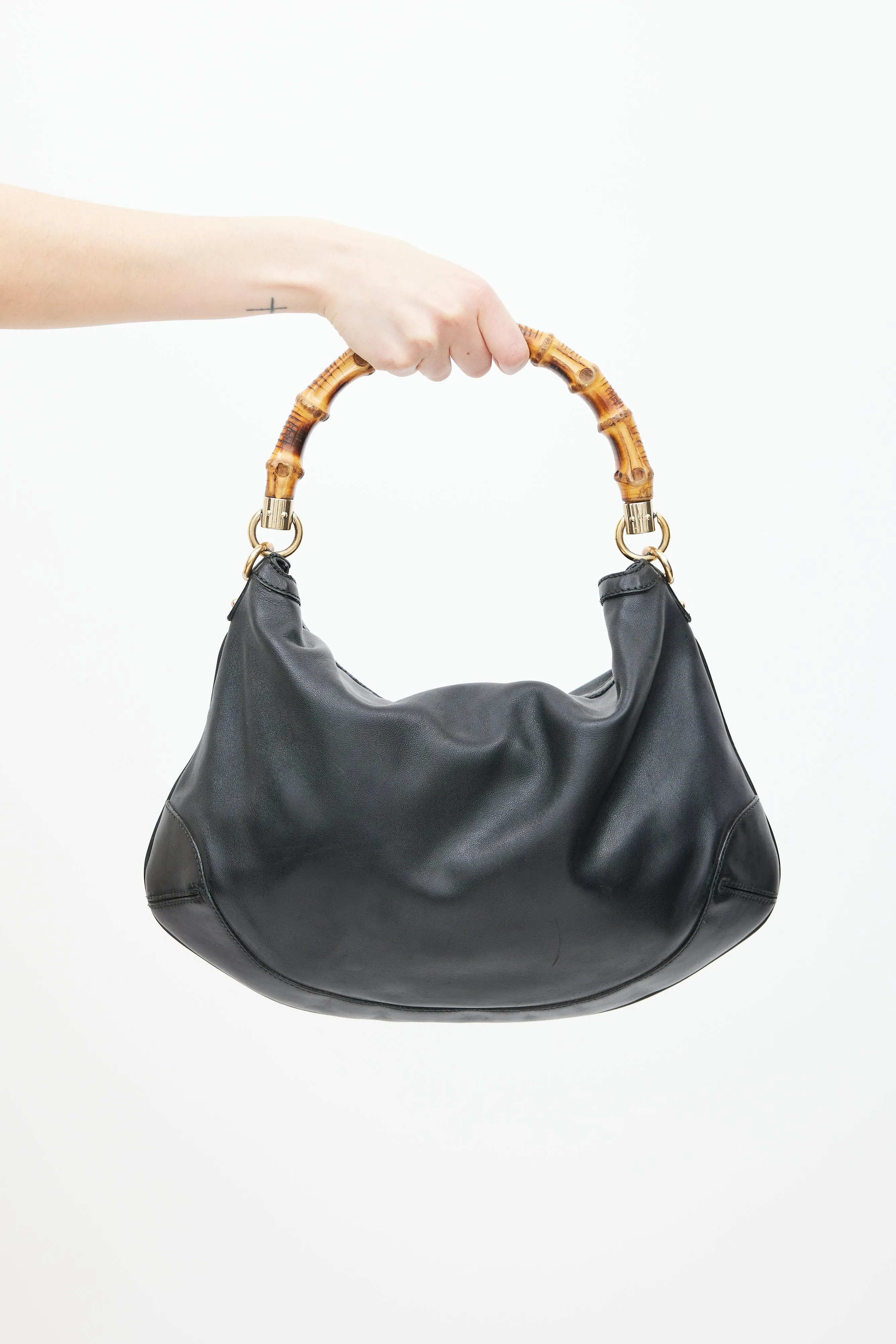 Black Leather Bamboo Two Way Bag