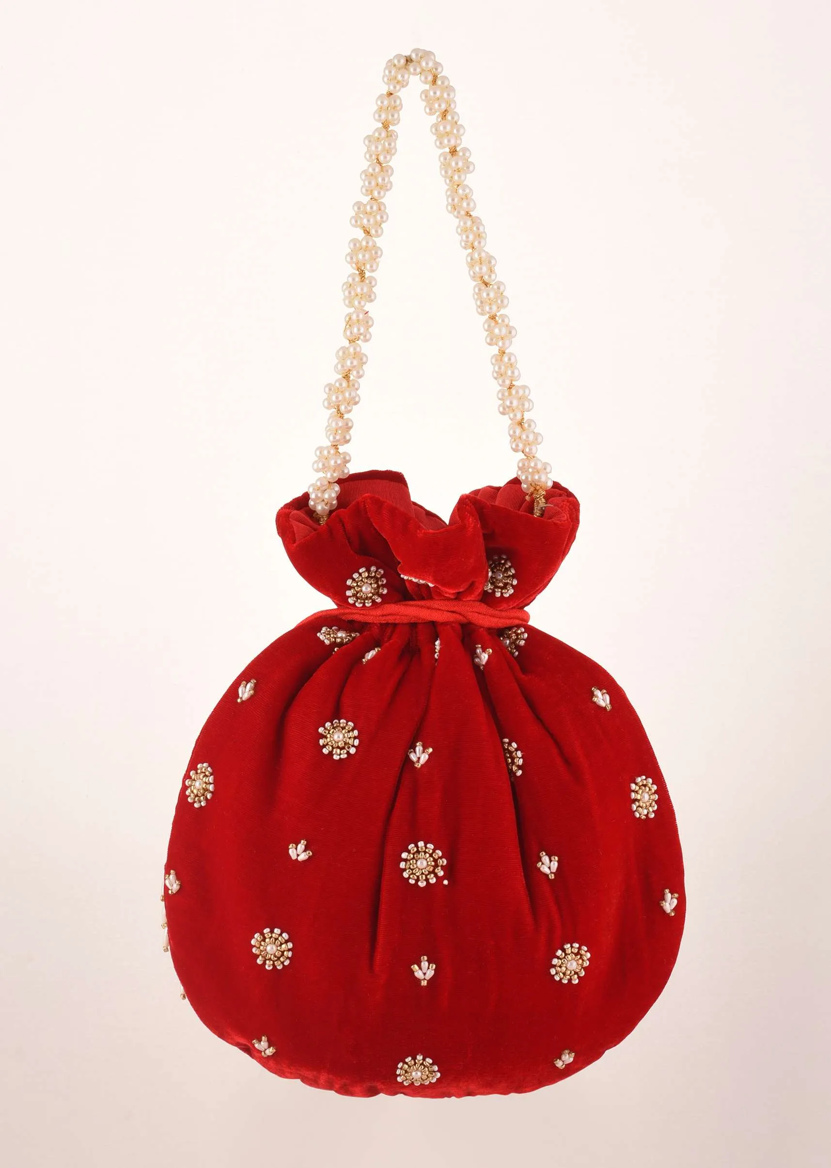 Cherry Red Potli In Velvet Heavily Embroidered With Beads And Moti Work In Scalloped And Tassel