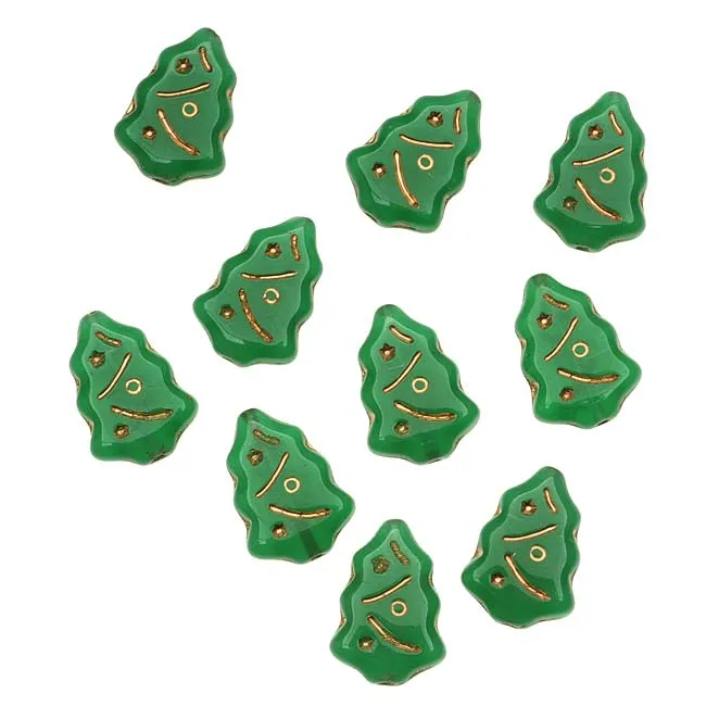 Czech Glass Beads Opaque Green And Gold Christmas Tree 16mm x 12mm (10 pcs)