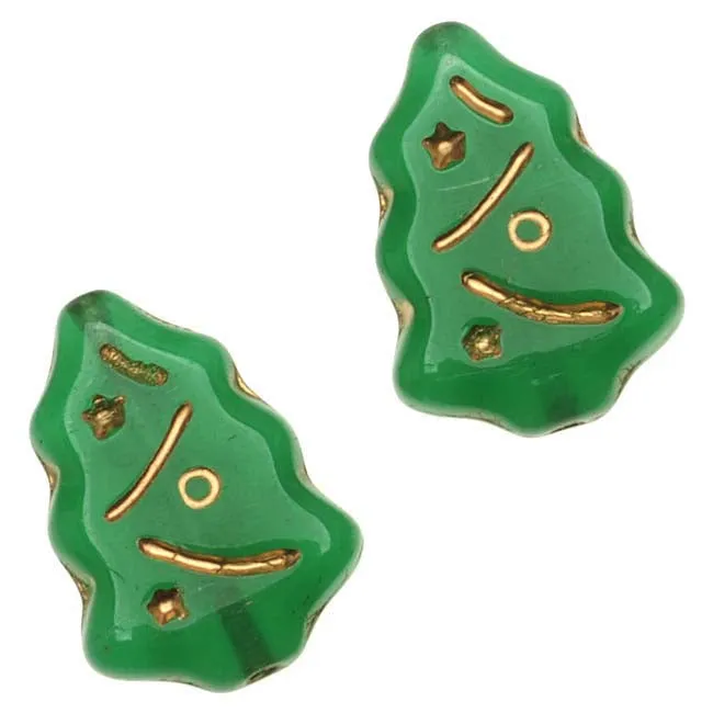 Czech Glass Beads Opaque Green And Gold Christmas Tree 16mm x 12mm (10 pcs)