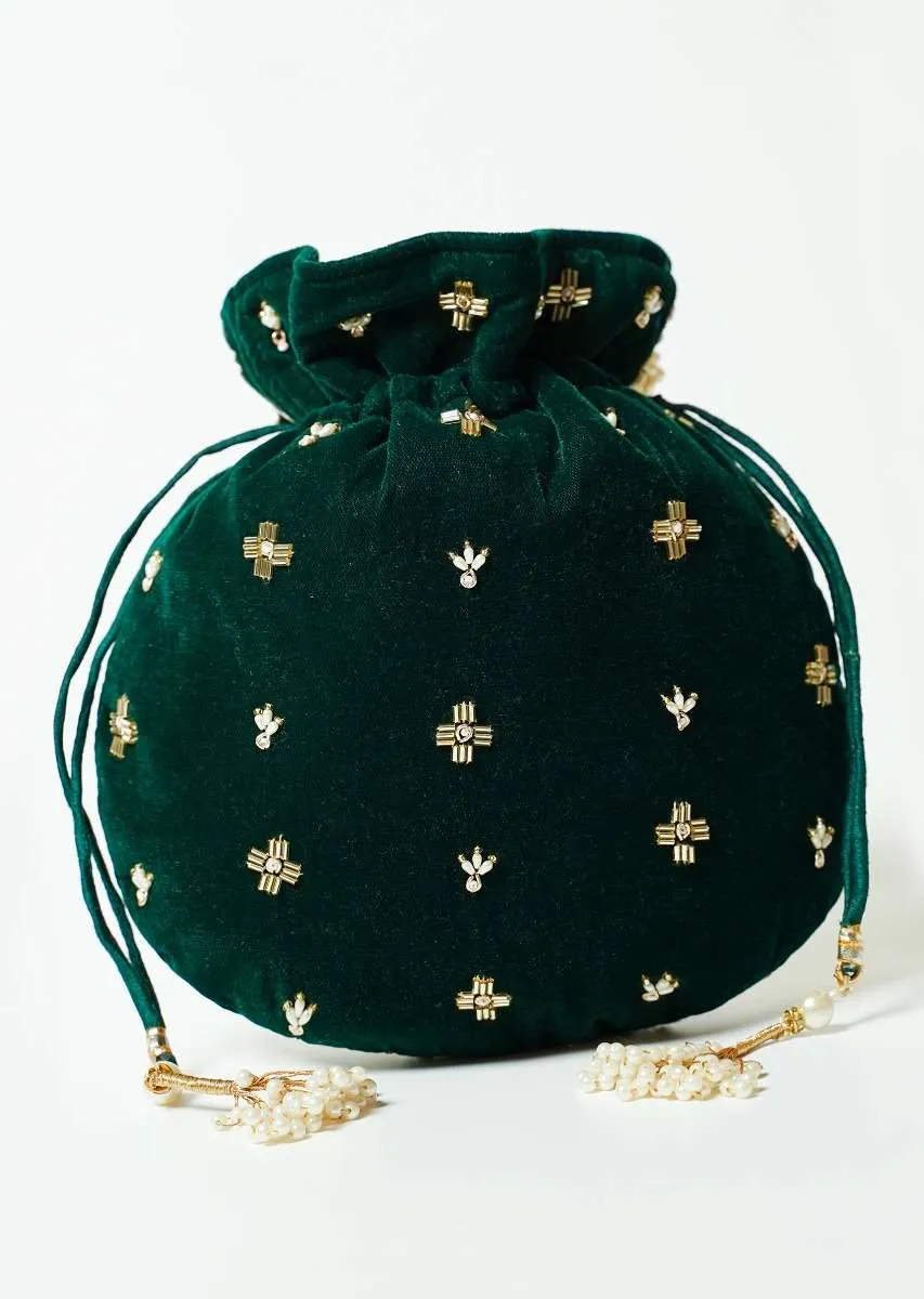 Dark Green Potli Bag In Velvet With Cut Dana And Beads Embroidered Jaal