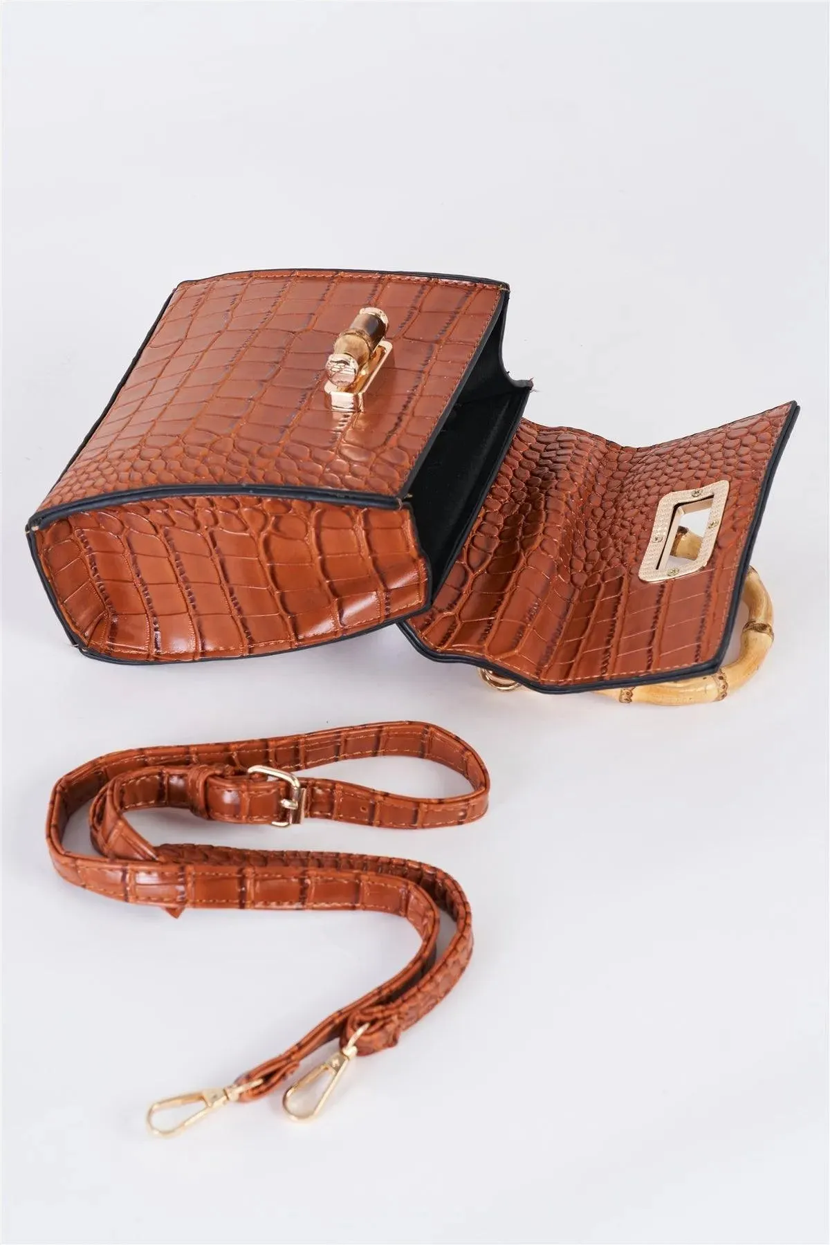 Dreamy Bahamas Camel Faux Alligator Skin Handbag With Bamboo Handle Accent /3 Bags