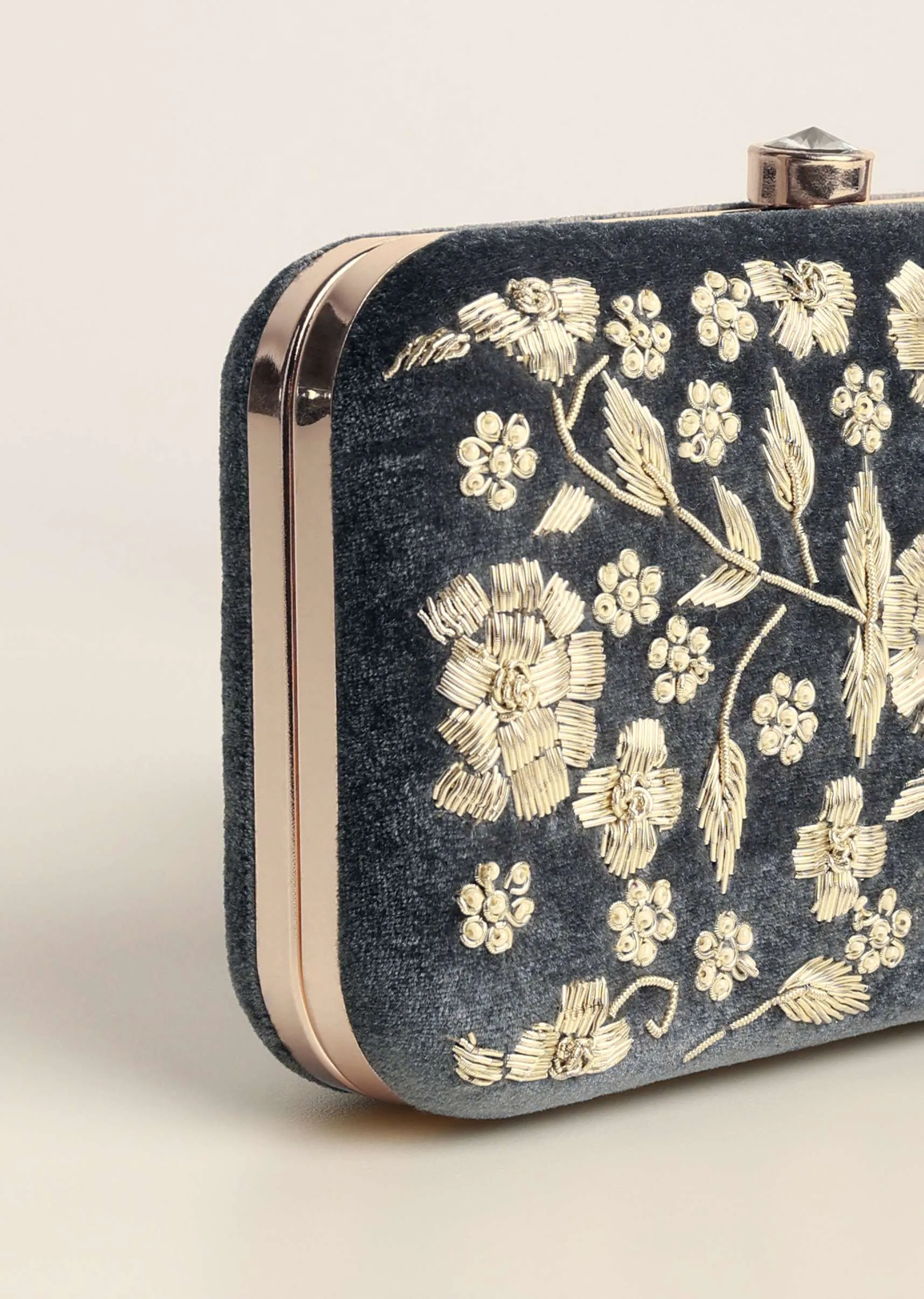 Grey Festive Heavy Embroidered Clutch In Raw Silk