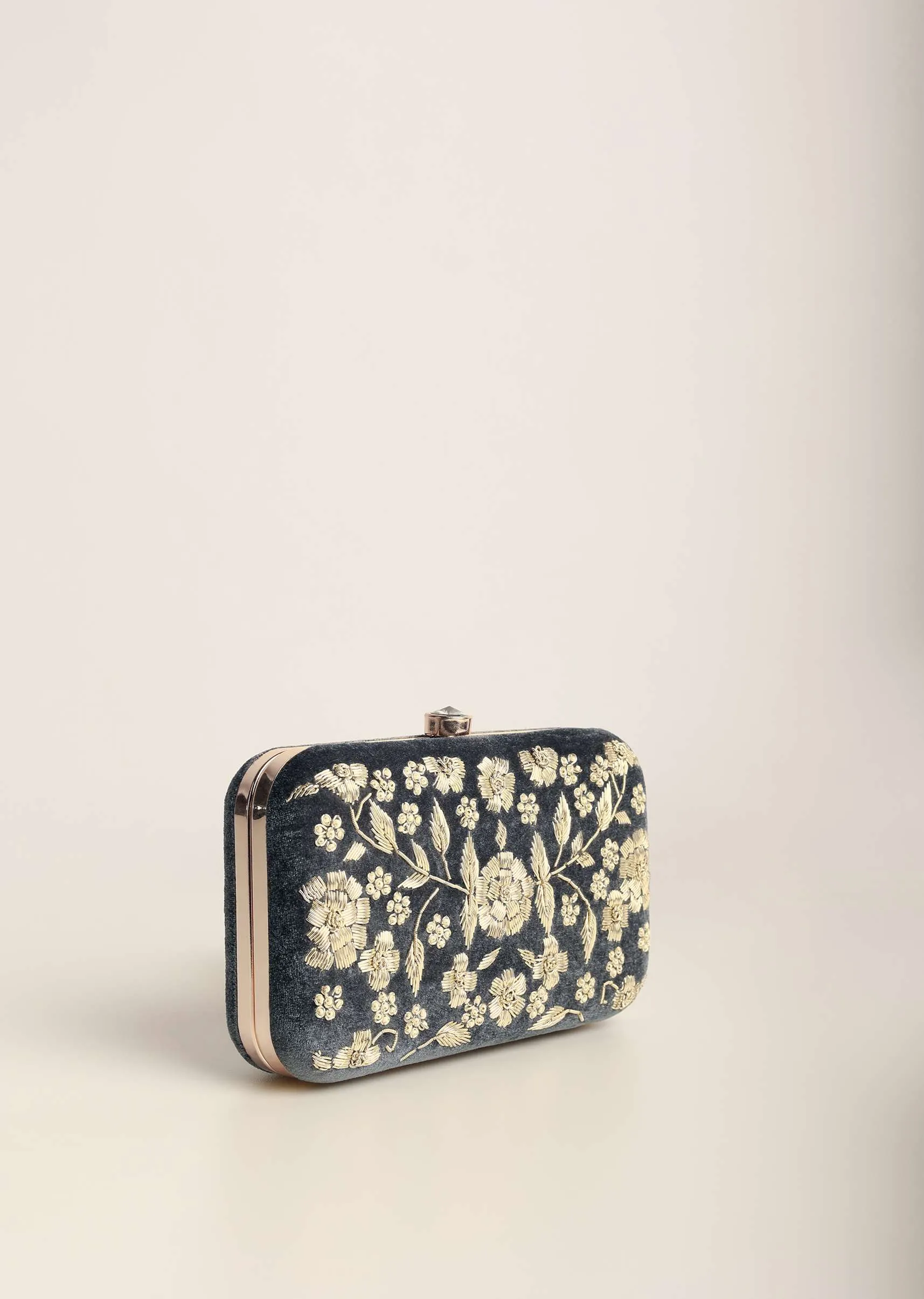 Grey Festive Heavy Embroidered Clutch In Raw Silk