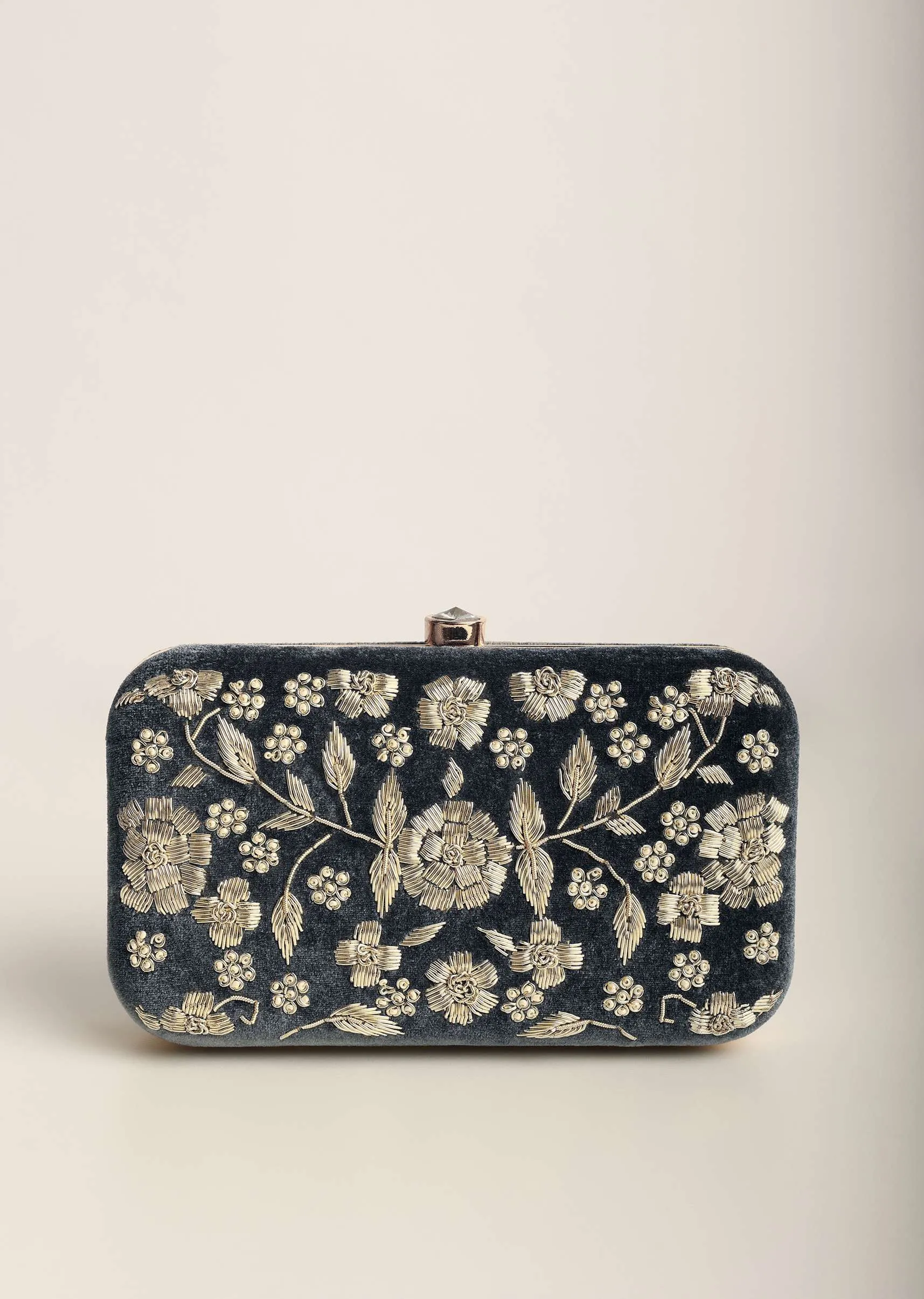 Grey Festive Heavy Embroidered Clutch In Raw Silk