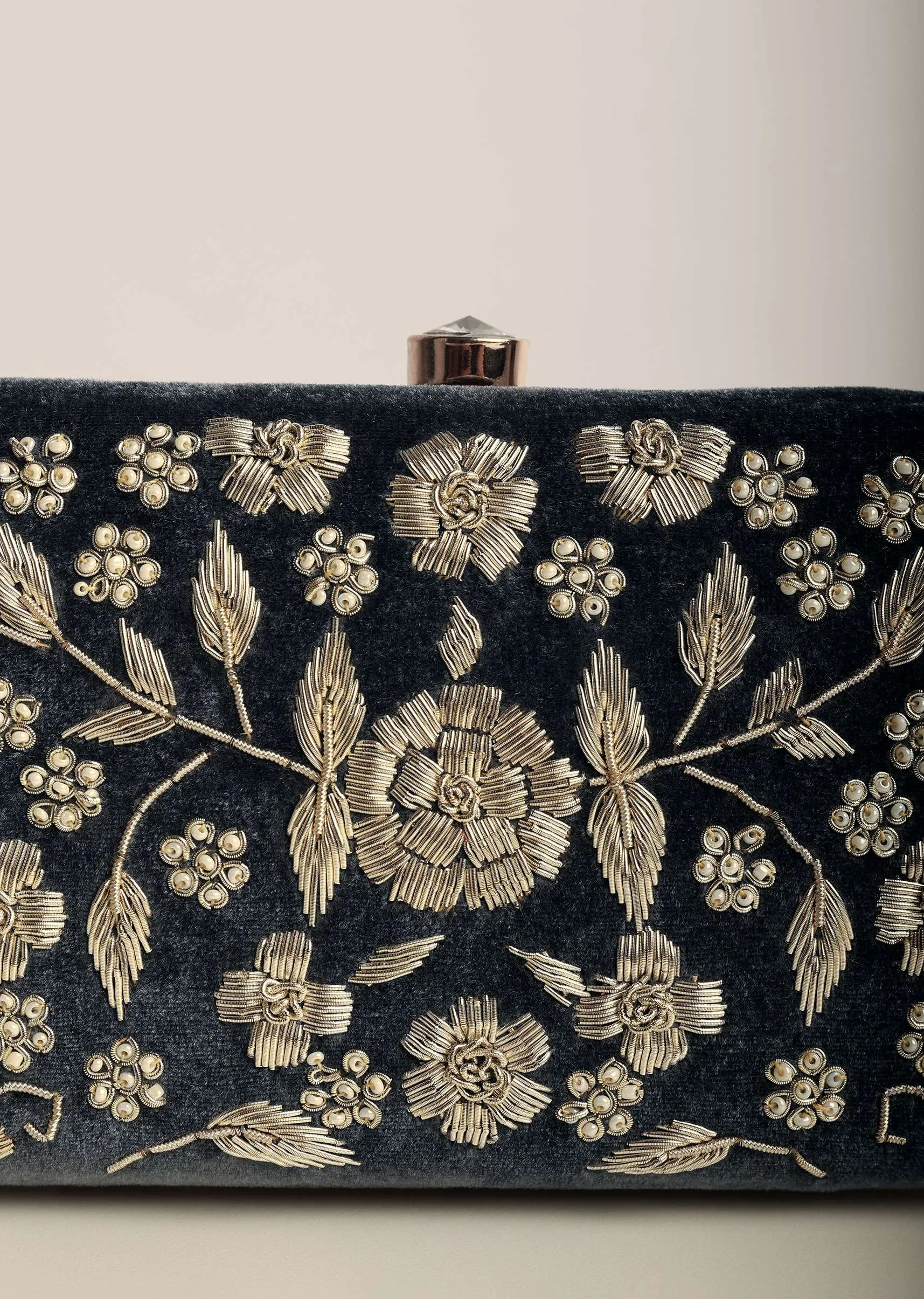Grey Festive Heavy Embroidered Clutch In Raw Silk