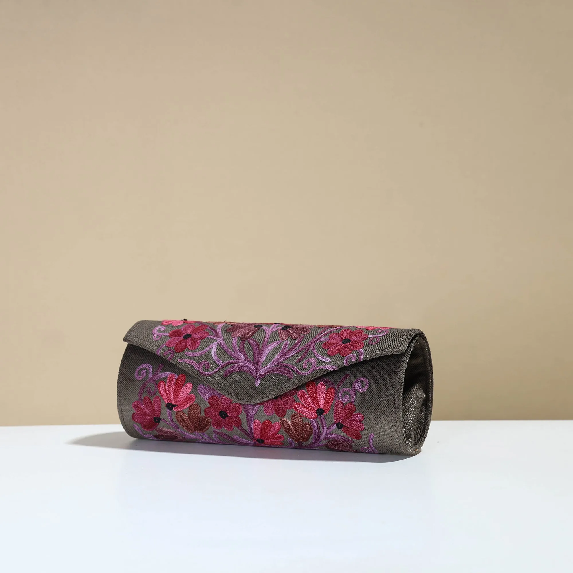 Grey - Kashmiri Crewel Hand Embroidery Velvet Clutch 26
