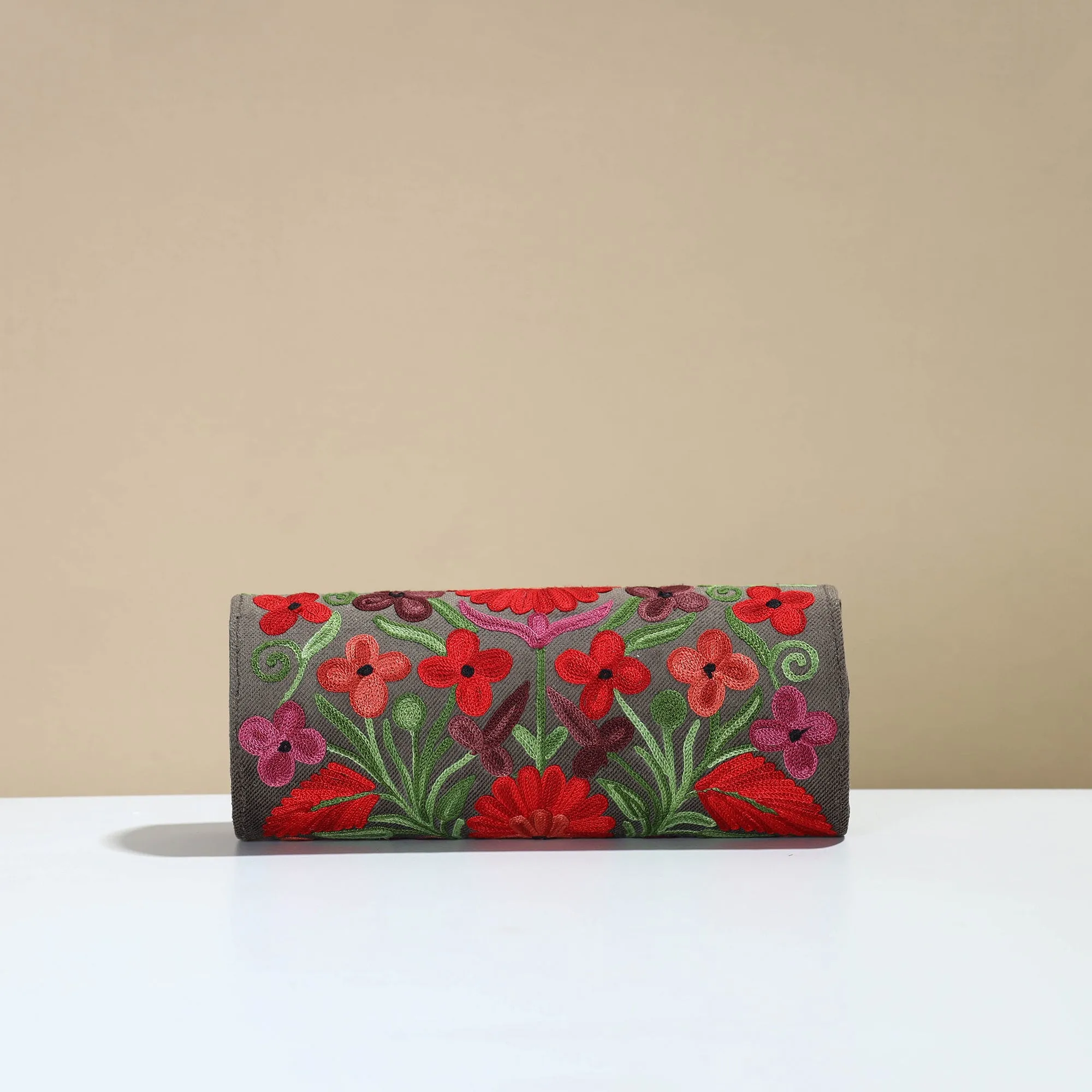 Grey - Kashmiri Crewel Hand Embroidery Velvet Clutch 48
