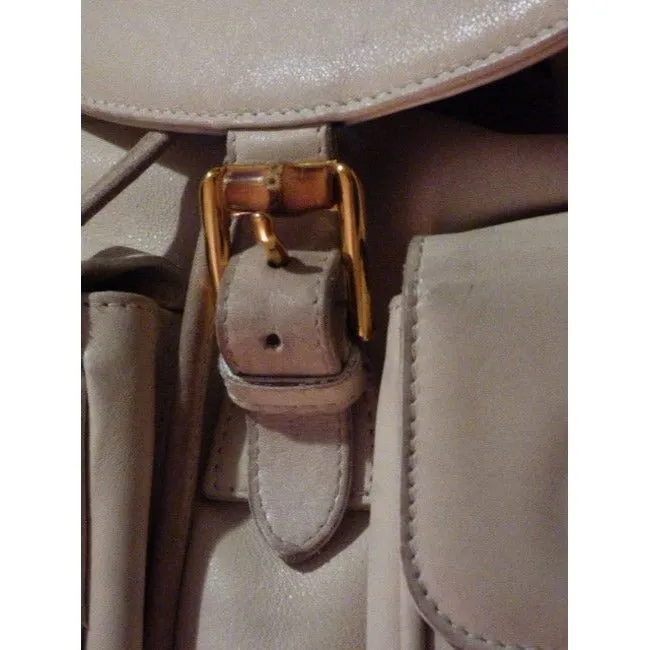 Gucci And Bamboo Handle White Leather Backpack