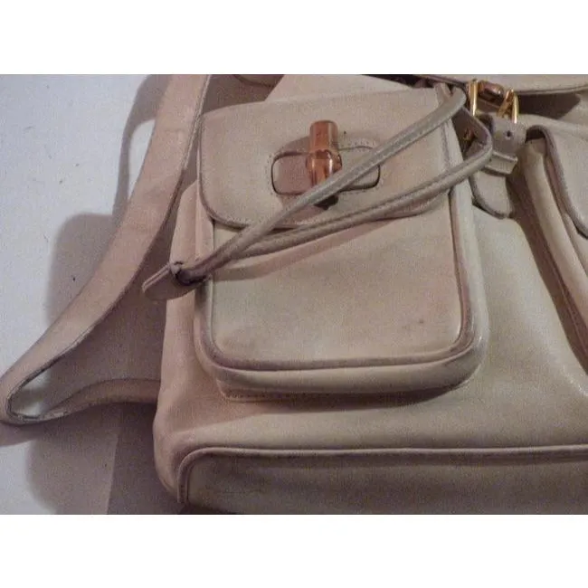 Gucci And Bamboo Handle White Leather Backpack