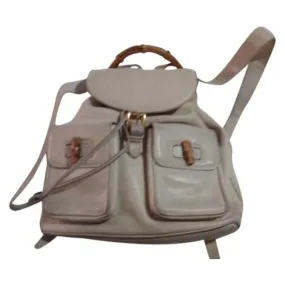 Gucci And Bamboo Handle White Leather Backpack