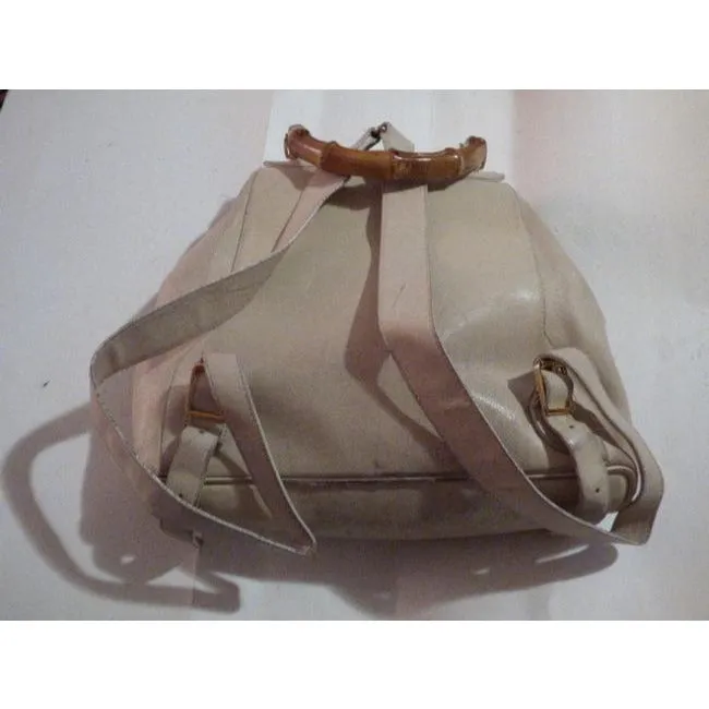 Gucci And Bamboo Handle White Leather Backpack