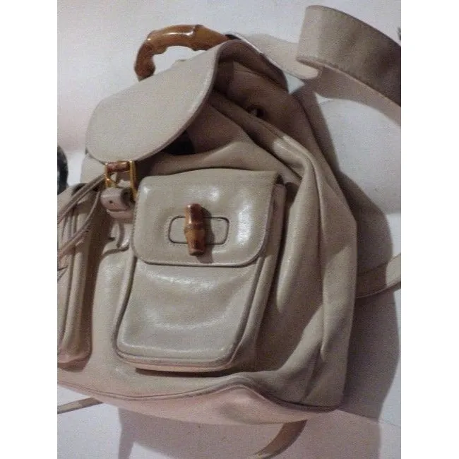 Gucci And Bamboo Handle White Leather Backpack