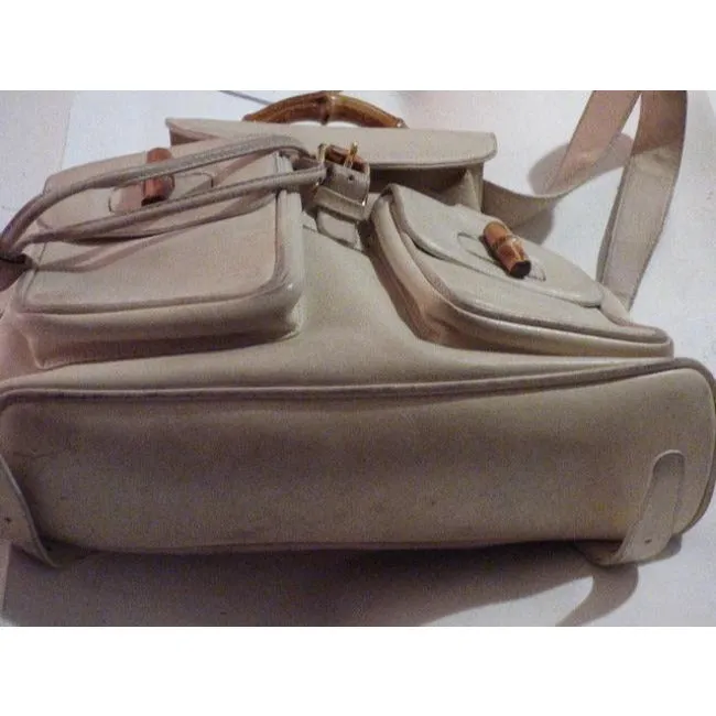 Gucci And Bamboo Handle White Leather Backpack