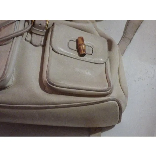 Gucci And Bamboo Handle White Leather Backpack