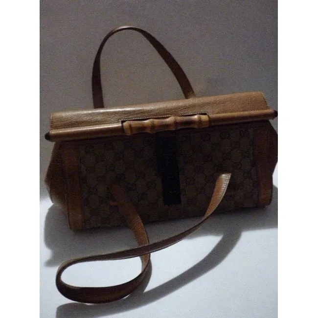 Gucci Guccissima Print Canvasleather Bamboo Bullet Tan Leather Satchel