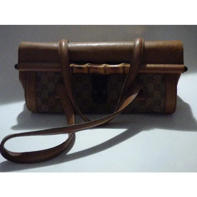 Gucci Guccissima Print Canvasleather Bamboo Bullet Tan Leather Satchel