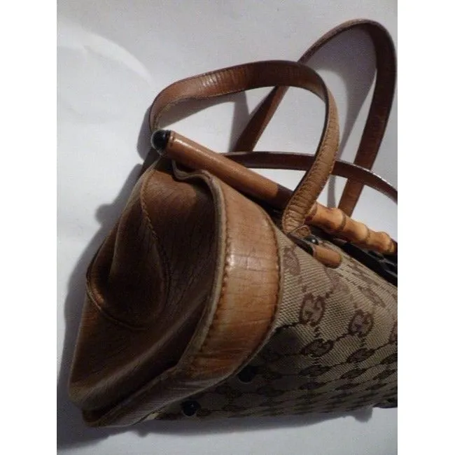 Gucci Guccissima Print Canvasleather Bamboo Bullet Tan Leather Satchel