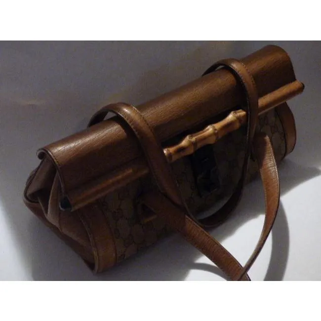 Gucci Guccissima Print Canvasleather Bamboo Bullet Tan Leather Satchel