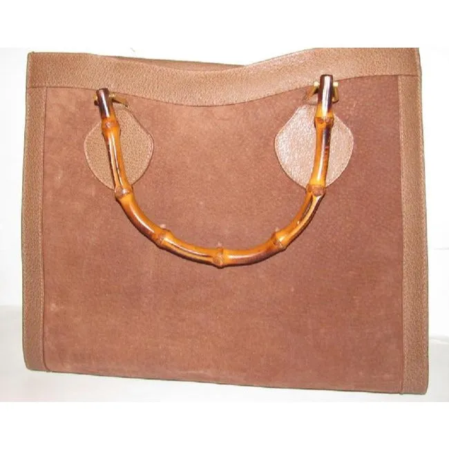 Gucci Shopper Tote Bag Tan Suedebamboo Handles And Leather With Satchel