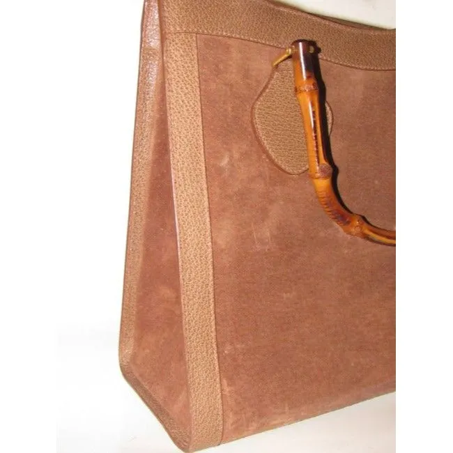 Gucci Shopper Tote Bag Tan Suedebamboo Handles And Leather With Satchel