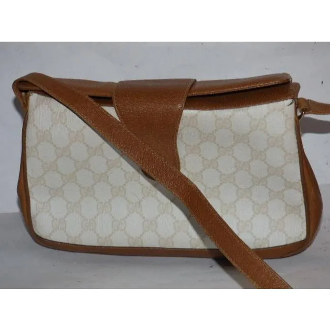 Gucci Vintage Purses Ivory Coated Canvas With Camel Large G Logo Leather
