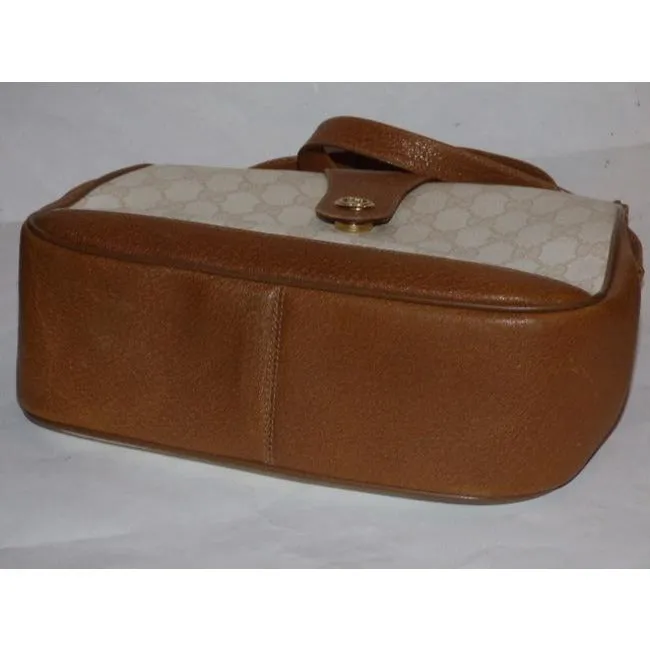 Gucci Vintage Purses Ivory Coated Canvas With Camel Large G Logo Leather