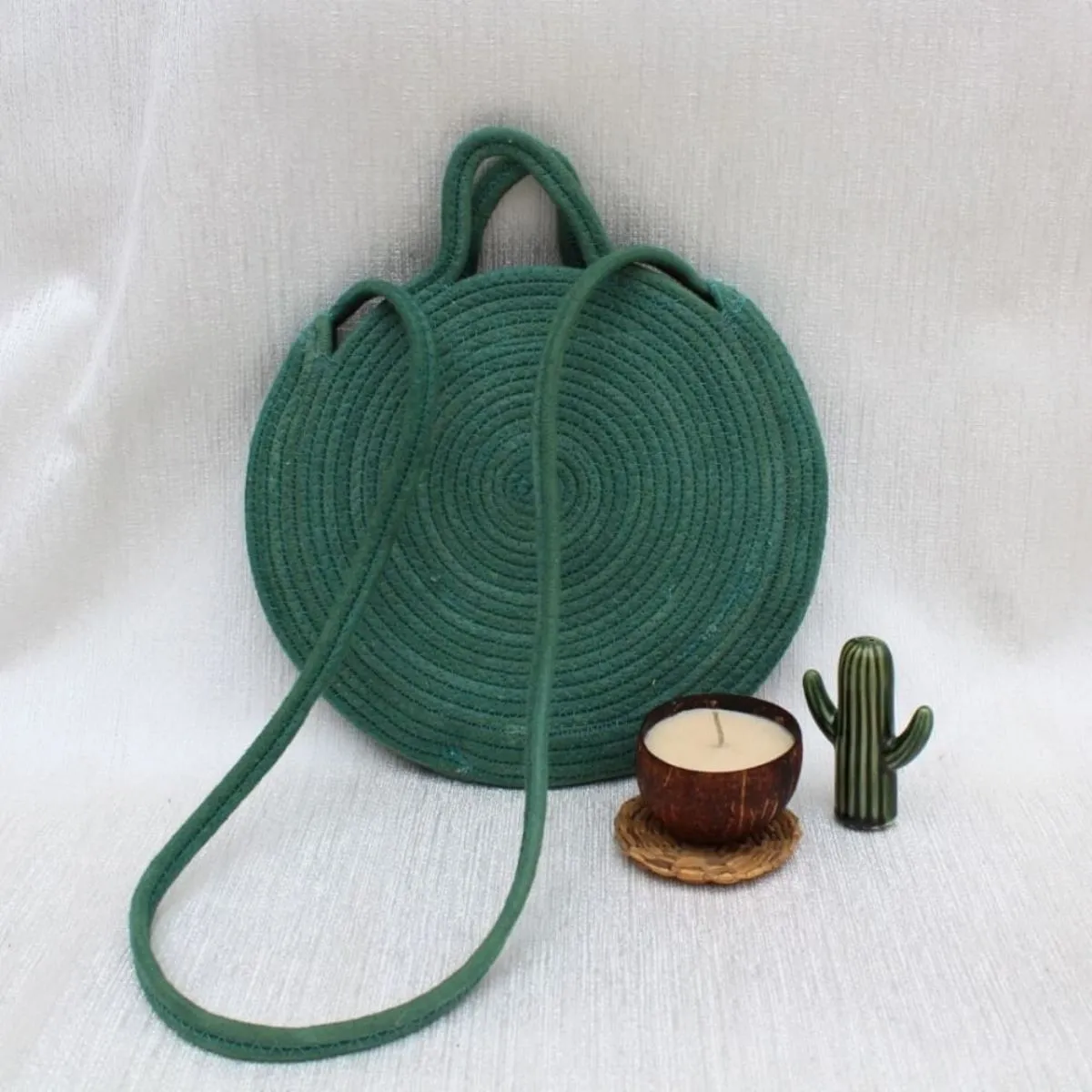 Handcrafted Round Sling Bag For Women | Beautiful Accessory | Cotton | Bottle Green