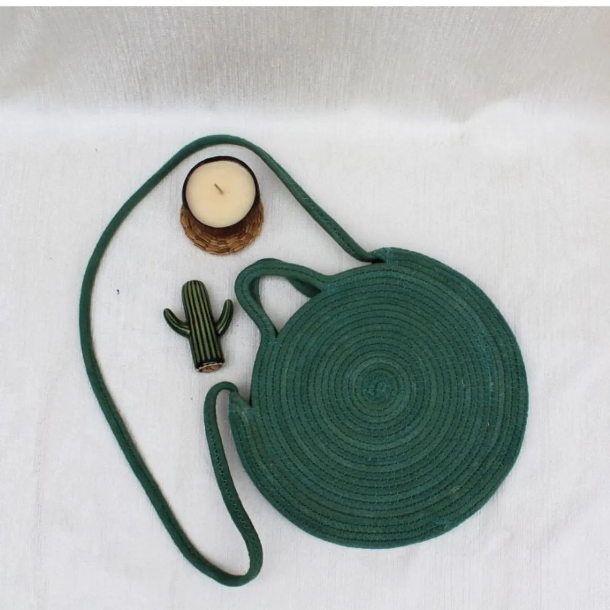 Handcrafted Round Sling Bag For Women | Beautiful Accessory | Cotton | Bottle Green