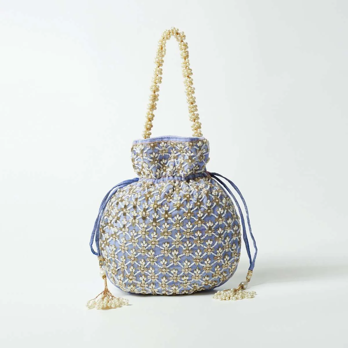 Lavender Potli Bag In Velvet With Cut Dana And Beads Embroidered Jaal