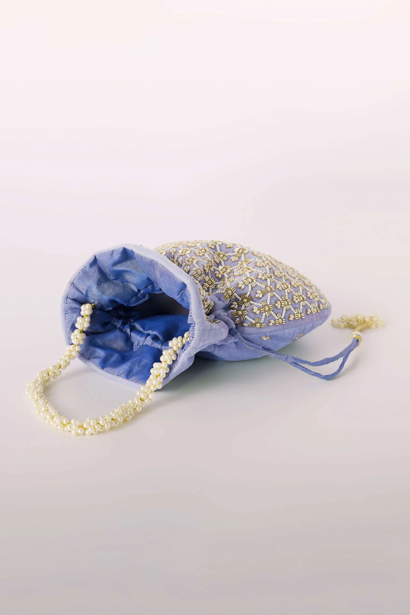 Lavender Potli Bag In Velvet With Cut Dana And Beads Embroidered Jaal