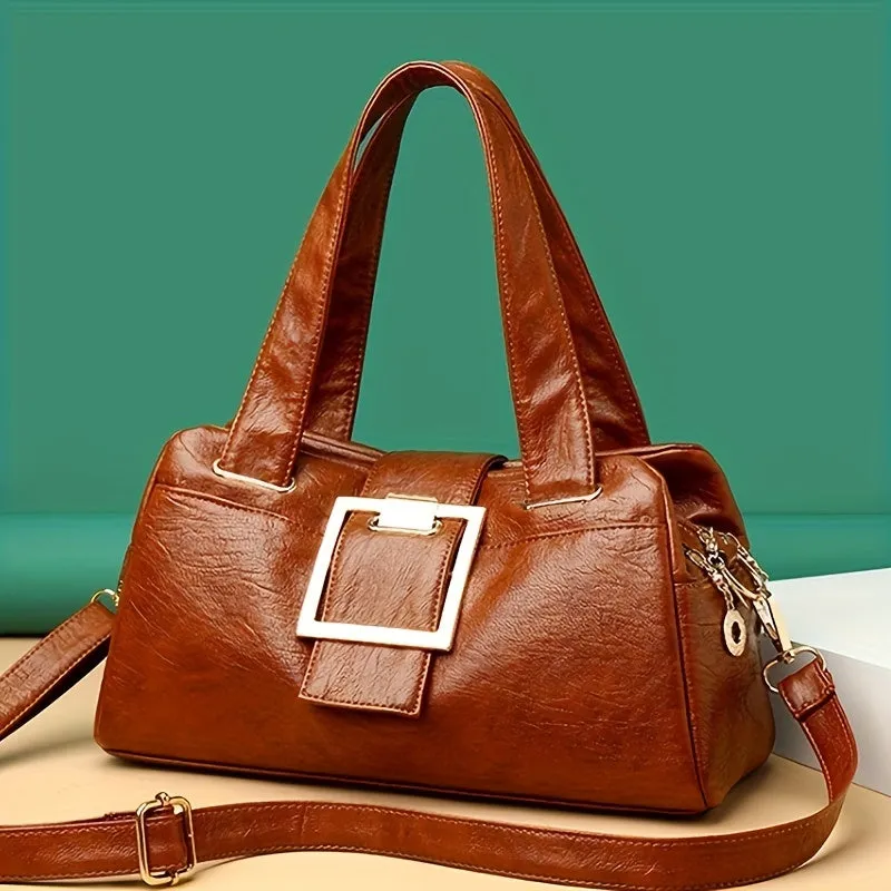 realaiot  Large Capacity Zipper Shoulder Bag, PU Leather Soft Handbag, Multi-compartment Stylish Crossbody Bag