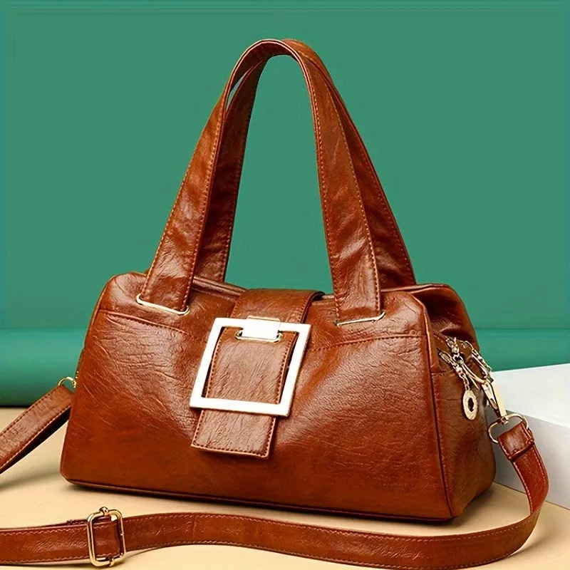 realaiot  Large Capacity Zipper Shoulder Bag, PU Leather Soft Handbag, Multi-compartment Stylish Crossbody Bag
