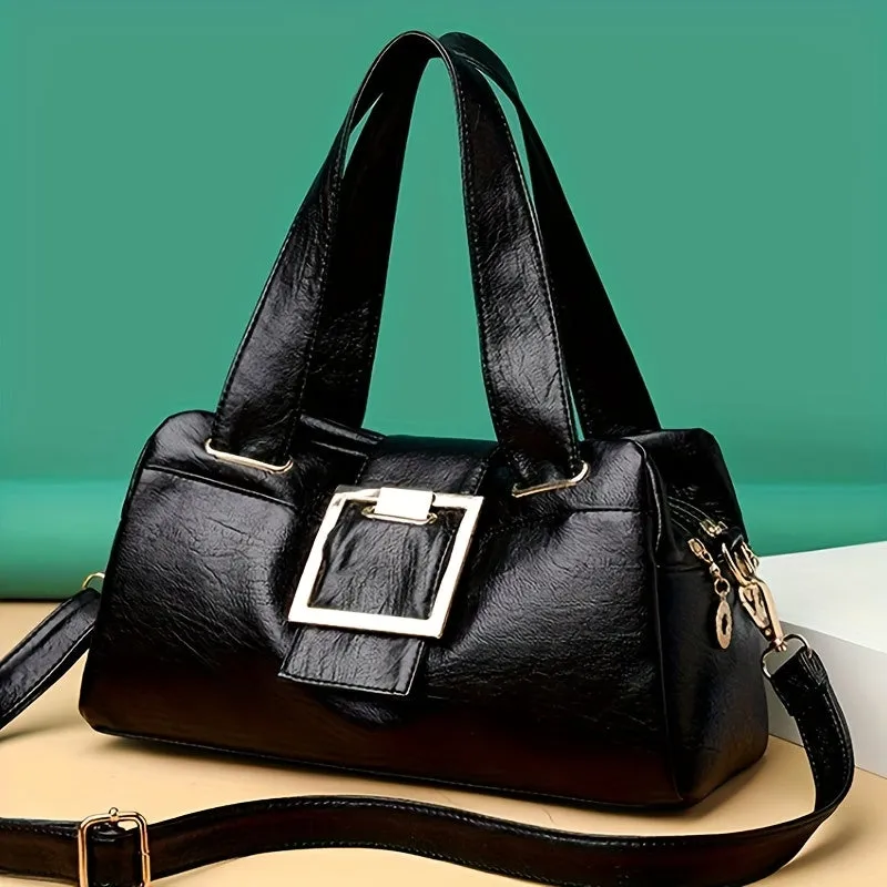 realaiot  Large Capacity Zipper Shoulder Bag, PU Leather Soft Handbag, Multi-compartment Stylish Crossbody Bag