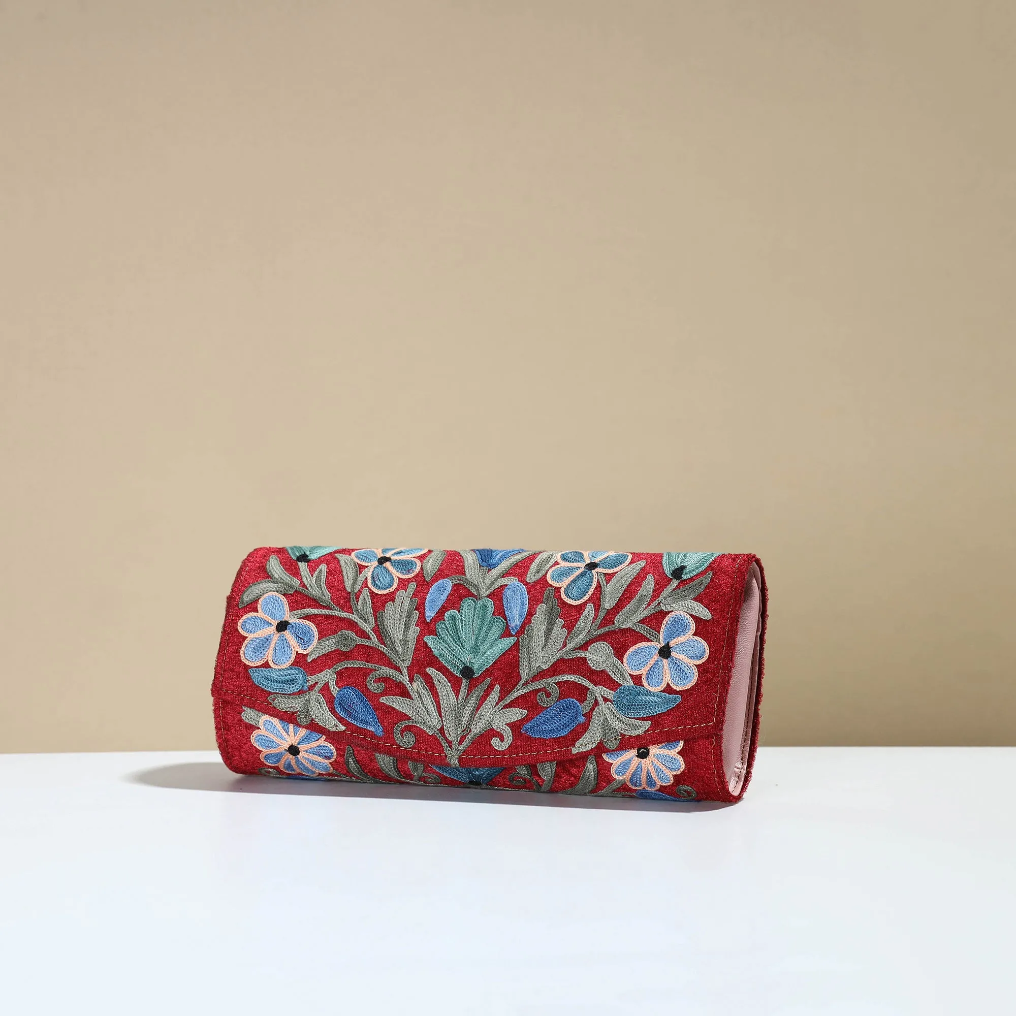 Red - Kashmiri Crewel Hand Embroidery Velvet Clutch 41