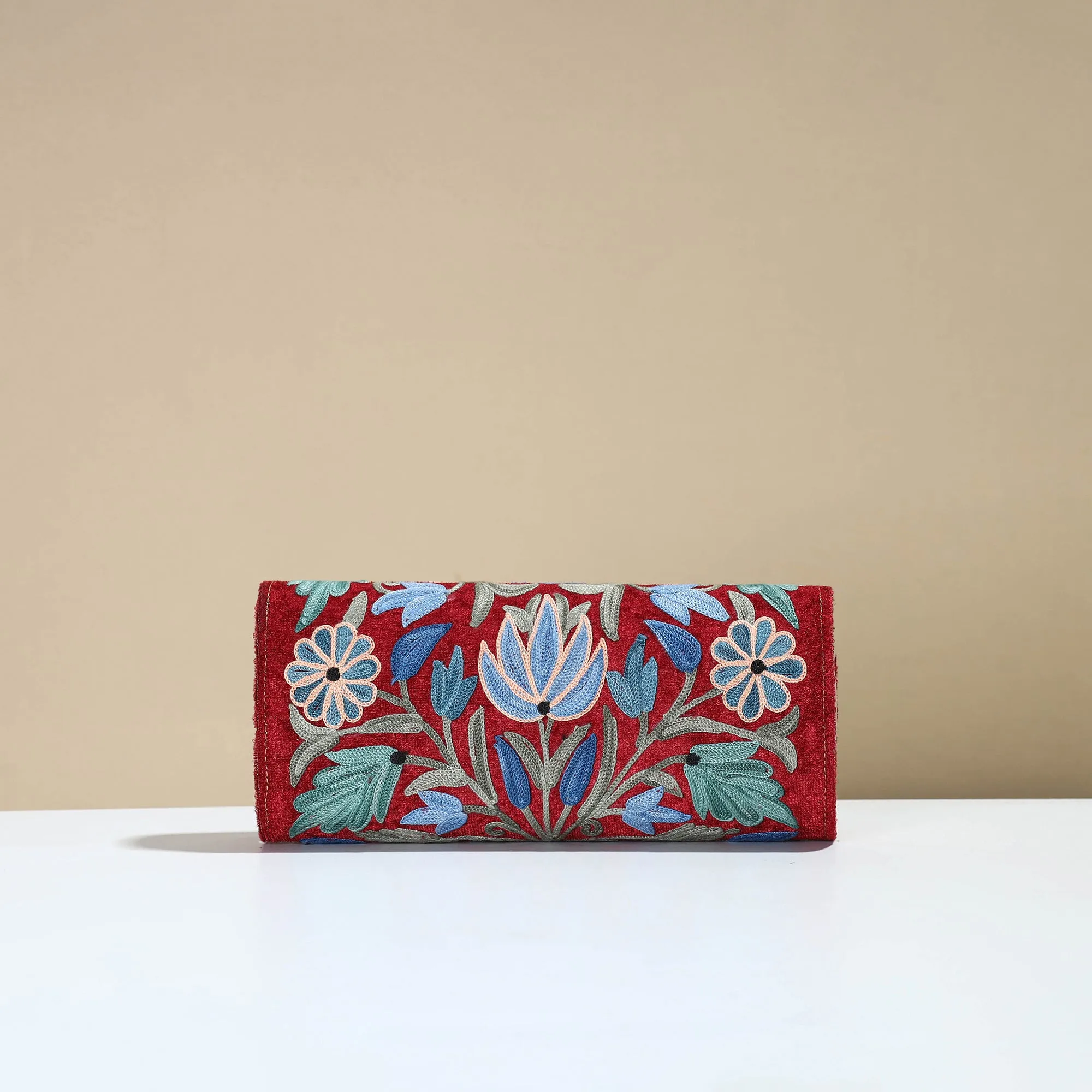 Red - Kashmiri Crewel Hand Embroidery Velvet Clutch 41
