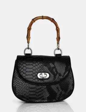 The Kalena Black Croc Bamboo Handle Mini Bag