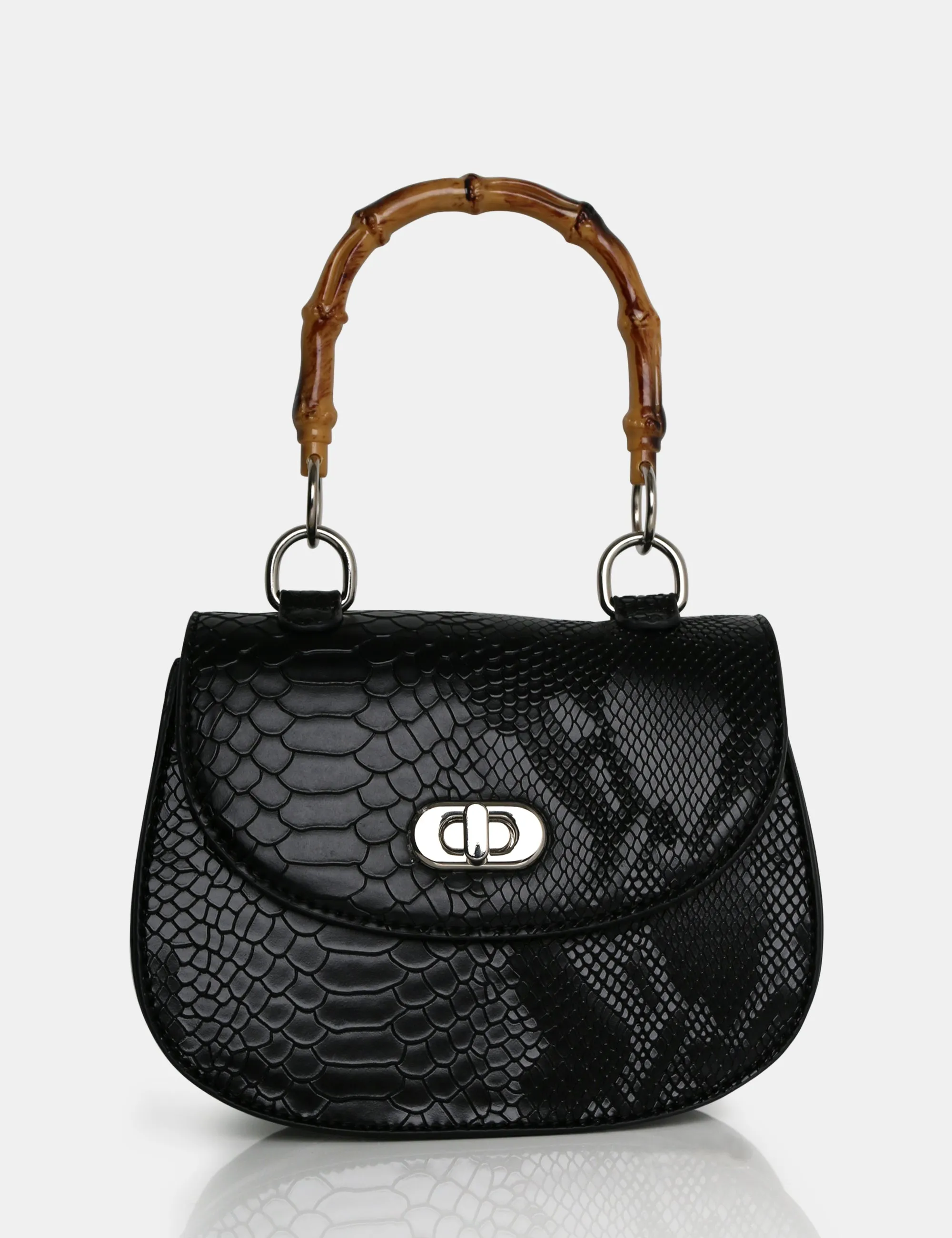 The Kalena Black Croc Bamboo Handle Mini Bag