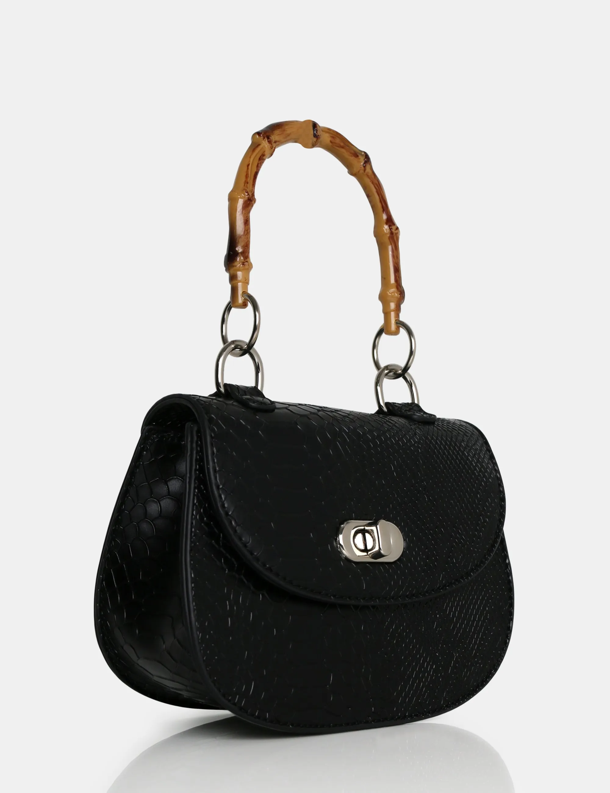 The Kalena Black Croc Bamboo Handle Mini Bag