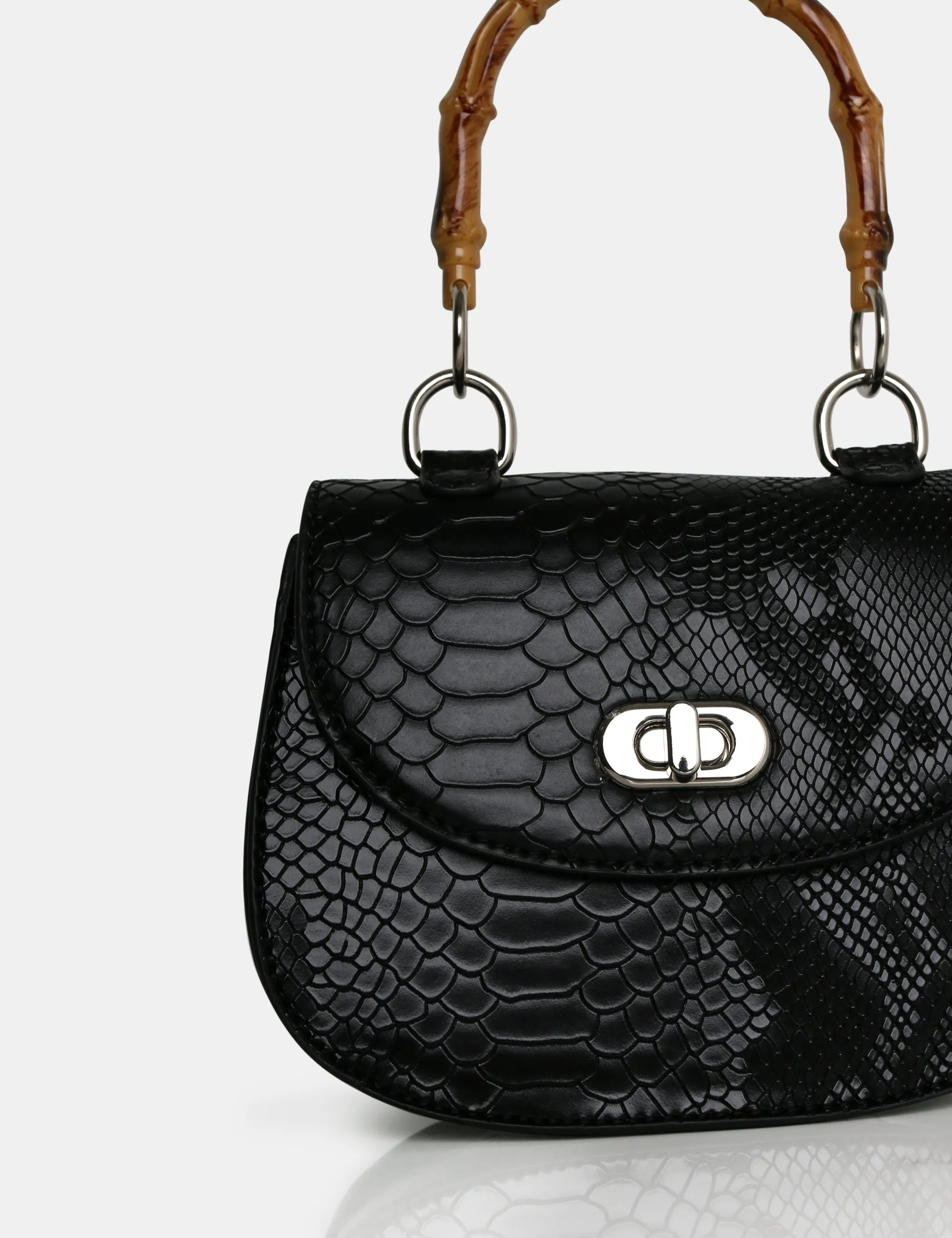 The Kalena Black Croc Bamboo Handle Mini Bag