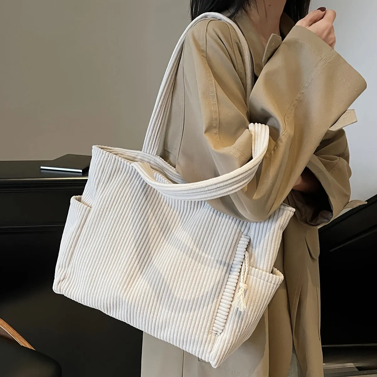 Uakiss Women'S Casual Corduroy Tote Bag with Fixed Shoulder Straps, Multi-Compartment Zipper Closure, Durable Soft Corduroy Fabric, Nylon Lining, Versatile for Work, Travel, Daily Use - No Pattern