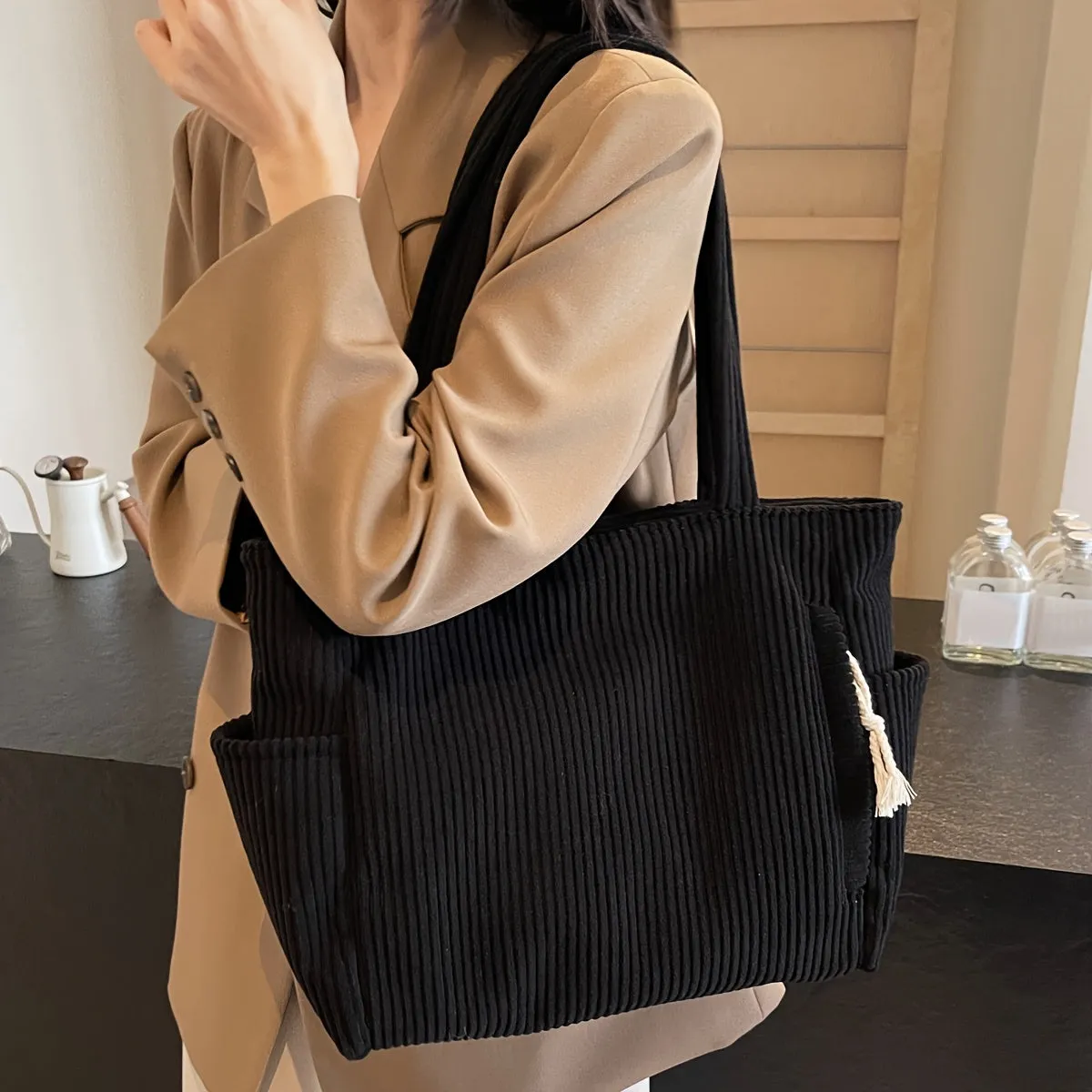 Uakiss Women'S Casual Corduroy Tote Bag with Fixed Shoulder Straps, Multi-Compartment Zipper Closure, Durable Soft Corduroy Fabric, Nylon Lining, Versatile for Work, Travel, Daily Use - No Pattern