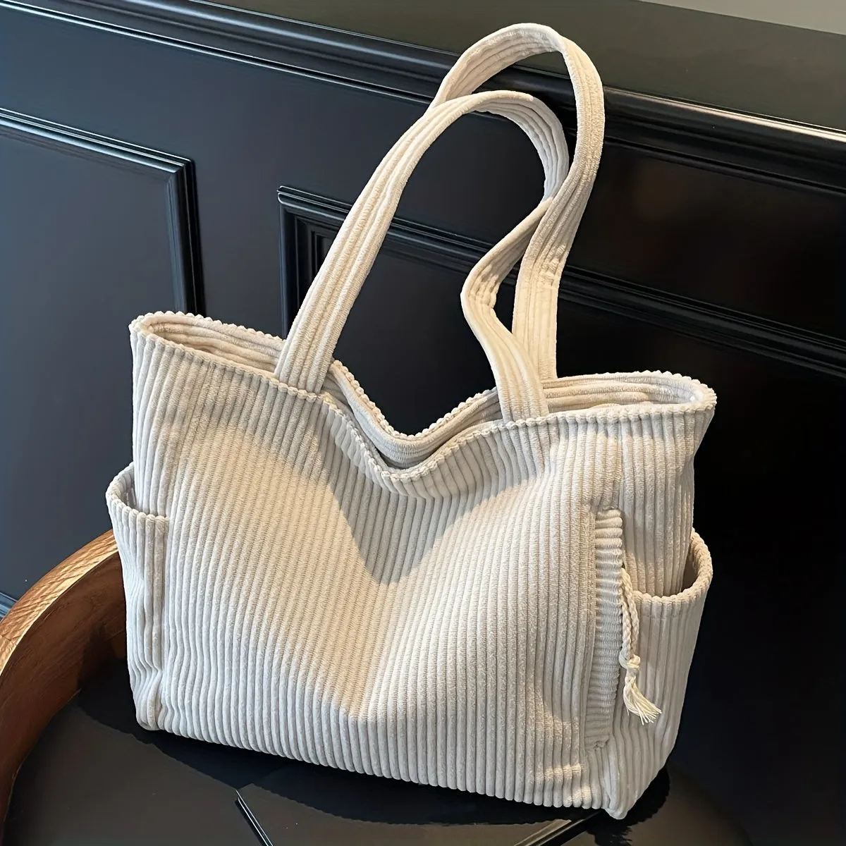 Uakiss Women'S Casual Corduroy Tote Bag with Fixed Shoulder Straps, Multi-Compartment Zipper Closure, Durable Soft Corduroy Fabric, Nylon Lining, Versatile for Work, Travel, Daily Use - No Pattern