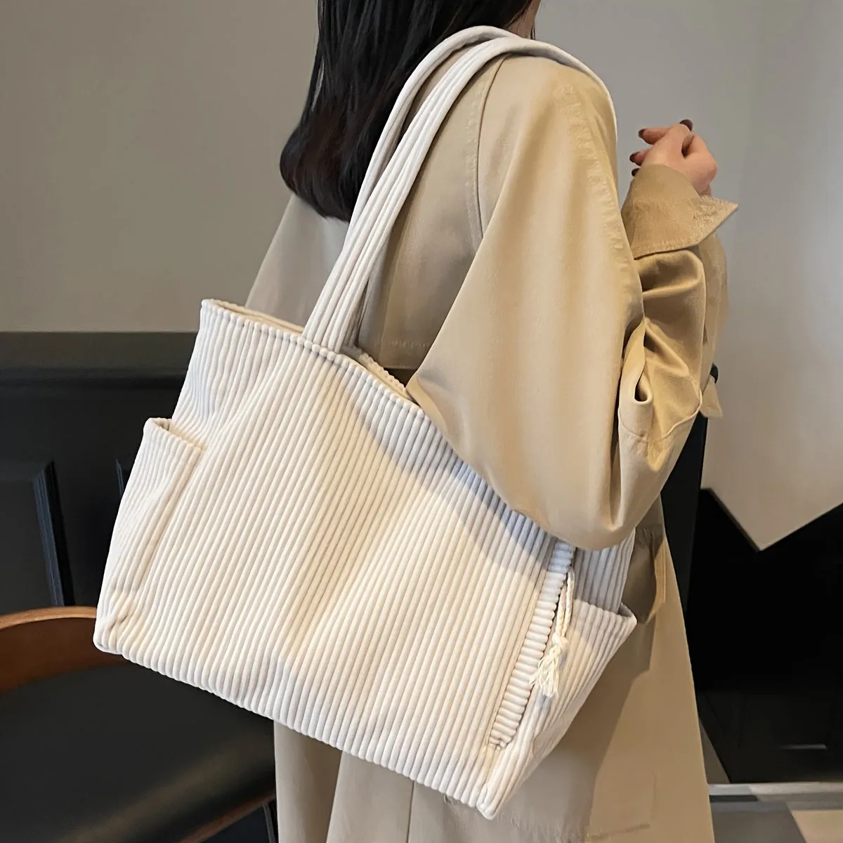 Uakiss Women'S Casual Corduroy Tote Bag with Fixed Shoulder Straps, Multi-Compartment Zipper Closure, Durable Soft Corduroy Fabric, Nylon Lining, Versatile for Work, Travel, Daily Use - No Pattern