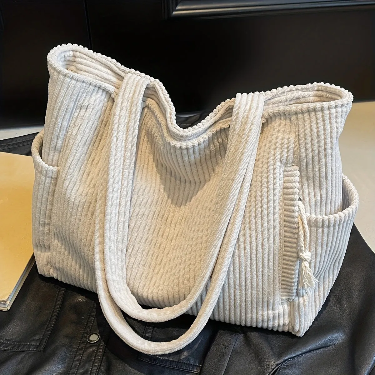Uakiss Women'S Casual Corduroy Tote Bag with Fixed Shoulder Straps, Multi-Compartment Zipper Closure, Durable Soft Corduroy Fabric, Nylon Lining, Versatile for Work, Travel, Daily Use - No Pattern