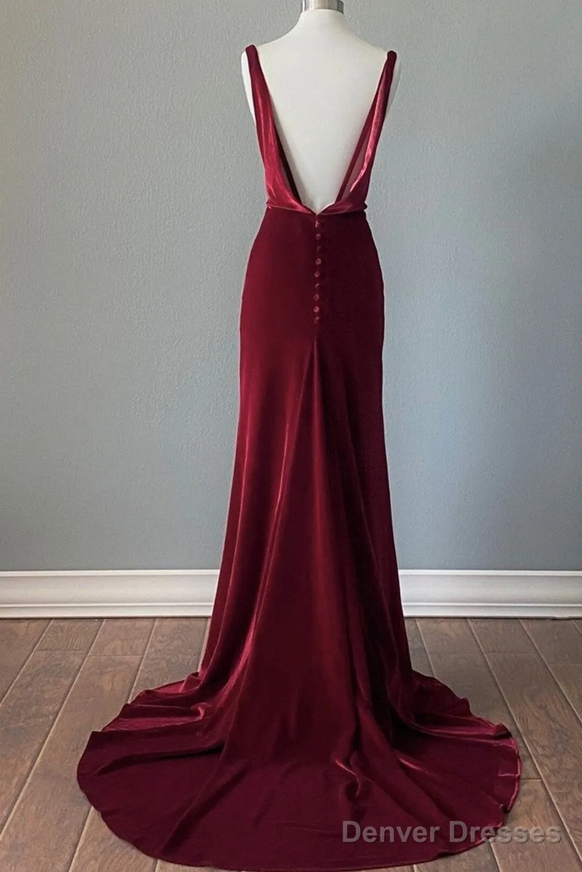 Wine Red Velvet Backless Straps Prom Dress, Wine Red Velvet Party Dress