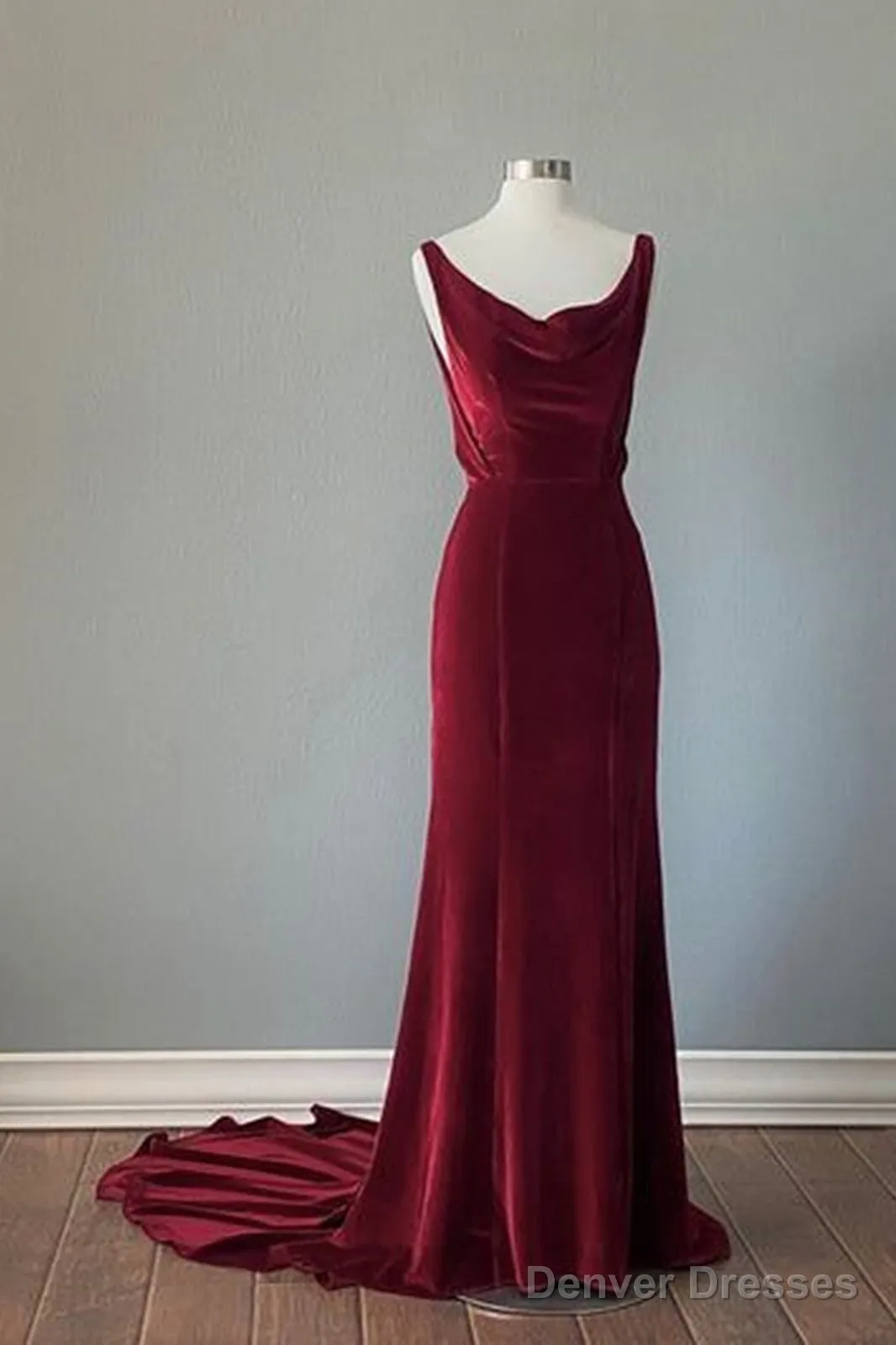 Wine Red Velvet Backless Straps Prom Dress, Wine Red Velvet Party Dress