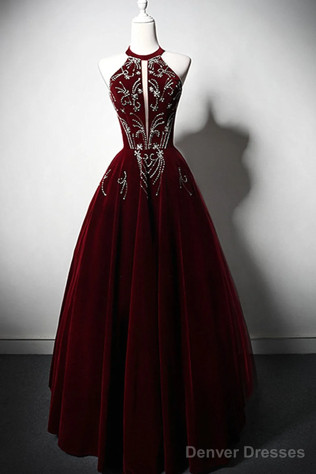 Wine Red Velvet Beaded Halter Long Formal Dress, A-Line Velvet Prom Dress